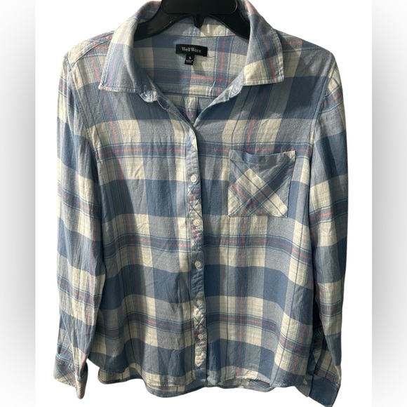 Well Worn Tops - Well Worn Light Blue and White Plaid Shirt